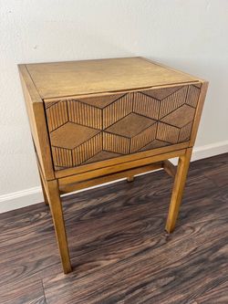 Wood Nightstand with Geometric Carved Drawer