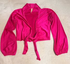 Title: Hot Pink Satin Tie-Front Crop Top 💖 Long Sleeve