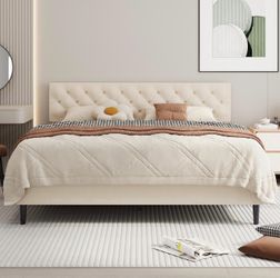 BarnFurin King Bed Frame, Upholstered Platform Bed with Button Tufted Headboard, Fabric Bed Frame with Wooden Slats Support, No Box Spring Required, E