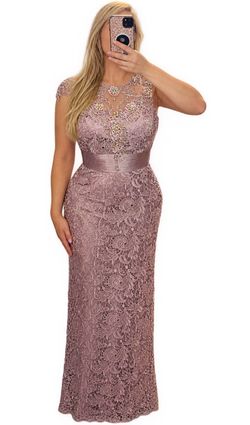 Mauve Lace Beaded Formal Gown
