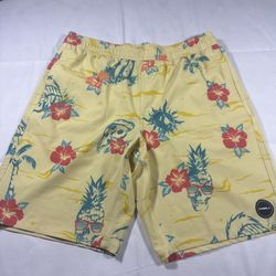 Mens XL Yellow Oneil Shorts With Floral And Skull Pineapples