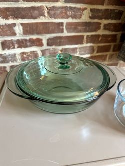 Vintage Green Glass Casserole Dish & Lid MCM