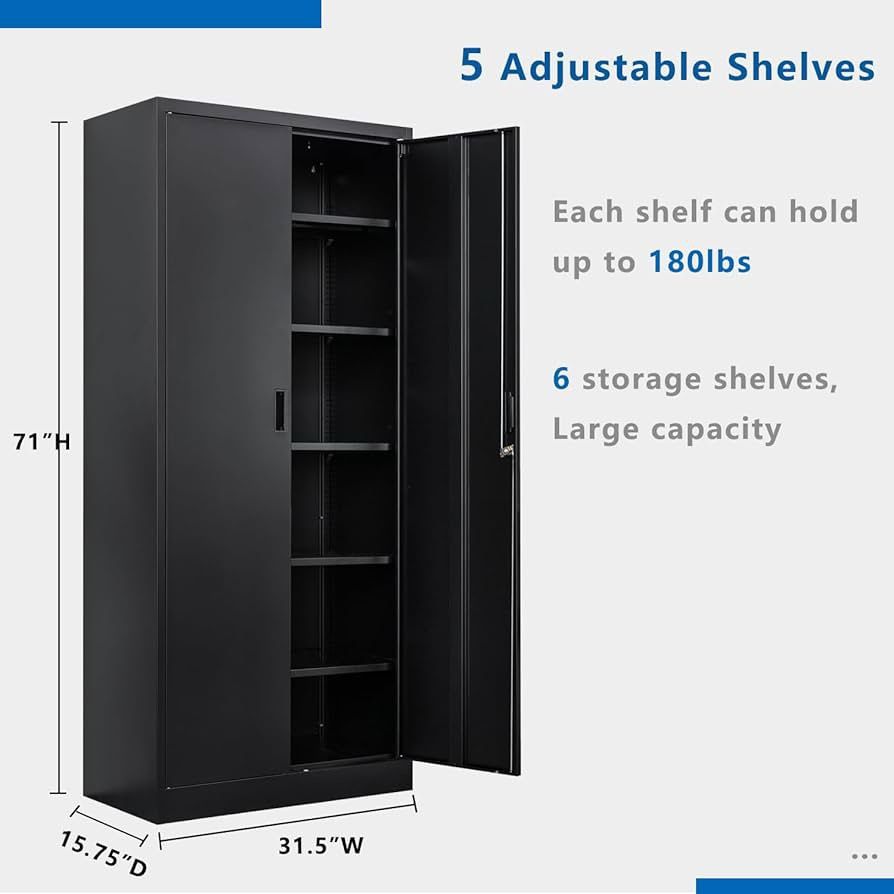 Metal Storage Cabinet, Locking Storage Cabinet with 5 Adjustable Shelves, Metal Cabinets for Garage, Office, Home, Classroom- Black  Color B