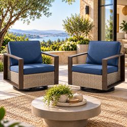 Outdoor Swivel Patio Rattan Chairs with Washable Cushion, Dark Blue (Set of 2)