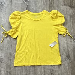 Banana Republic Petite XS Yellow Puff Sleeve Crew Neck Supima Cotton Blouse Top