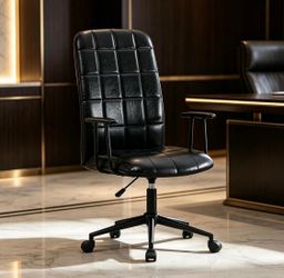 Ergonomic High-Back PU Leather Office Chair with Armrests Grid Tufted Padded Back, 360° Swivel & Adjustable, Metal Armrests, Rolling Casters, Vintage
