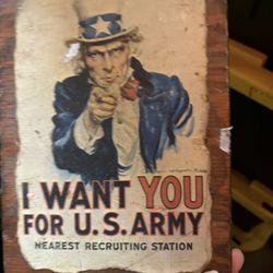 This is a distressed wooden sign reproduction of the iconic "I Want You for U.S. Army" recruitment
