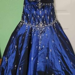 Navy Blue Strapless Quinceañera ball gown with silver beading detail.  Size 4