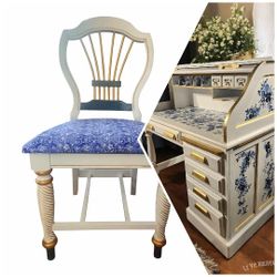 Antique Bluebird Gold Roll-Top Desk W/Chair Home Office Decor French Country Shabby Chic Vintage Farmhouse