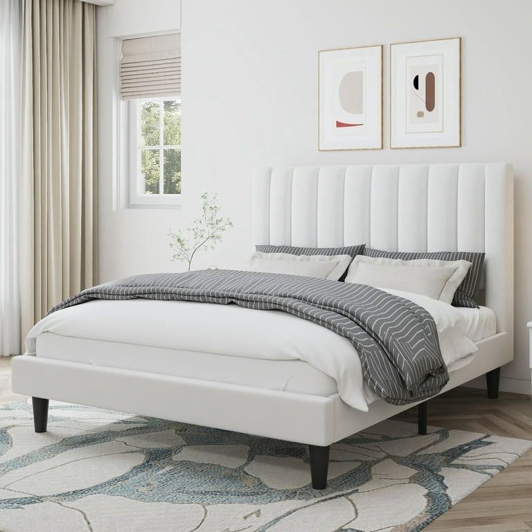 Full Size Platform Bed Frame with Upholstered Velvet Channel Headboard, White