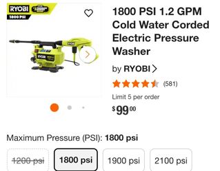 RYOBI 1800 PSIZ CORDED ELECTRIC PRESSURE WASHER