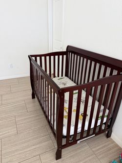 Dark Cherry Wood Baby Crib with Mattress