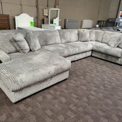 Super Soft Grey Corduroy Sectional Couch 