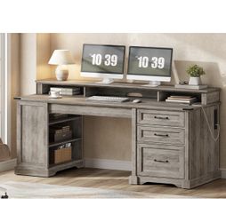 55'' Farmhouse Executive Desk with Drawers, Home Office Desk with File Cabinet and Storage Shelf, Charging Station, Computer Desk with Monitor Stand, 