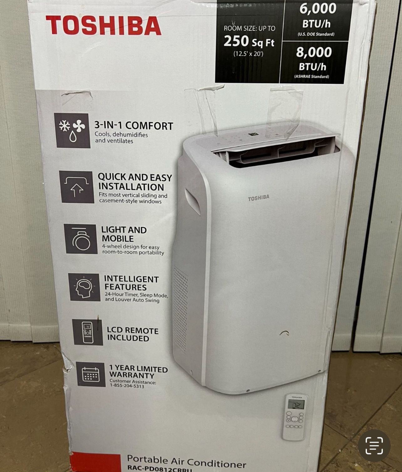 Toshiba 8,000 BTU Portable Air Conditioner With Dehumidifier And Remote. Up To 250SF