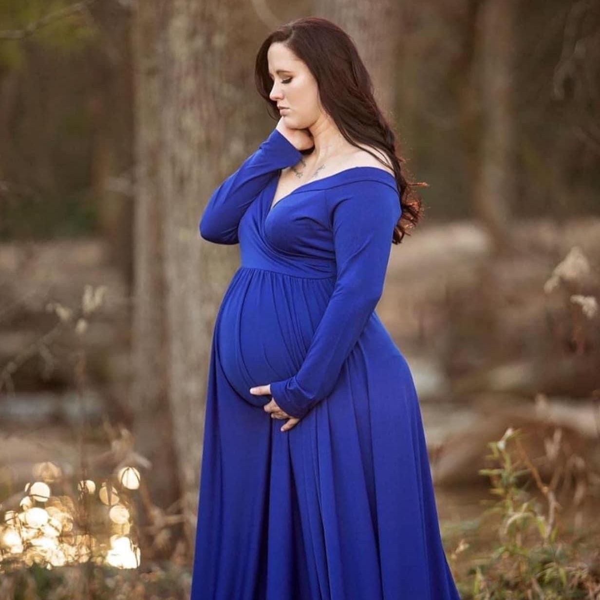royal blue maternity dress for photoshoot Kate Long Sleeve Satin Blue Custom Maternity Photoshoot Gowns