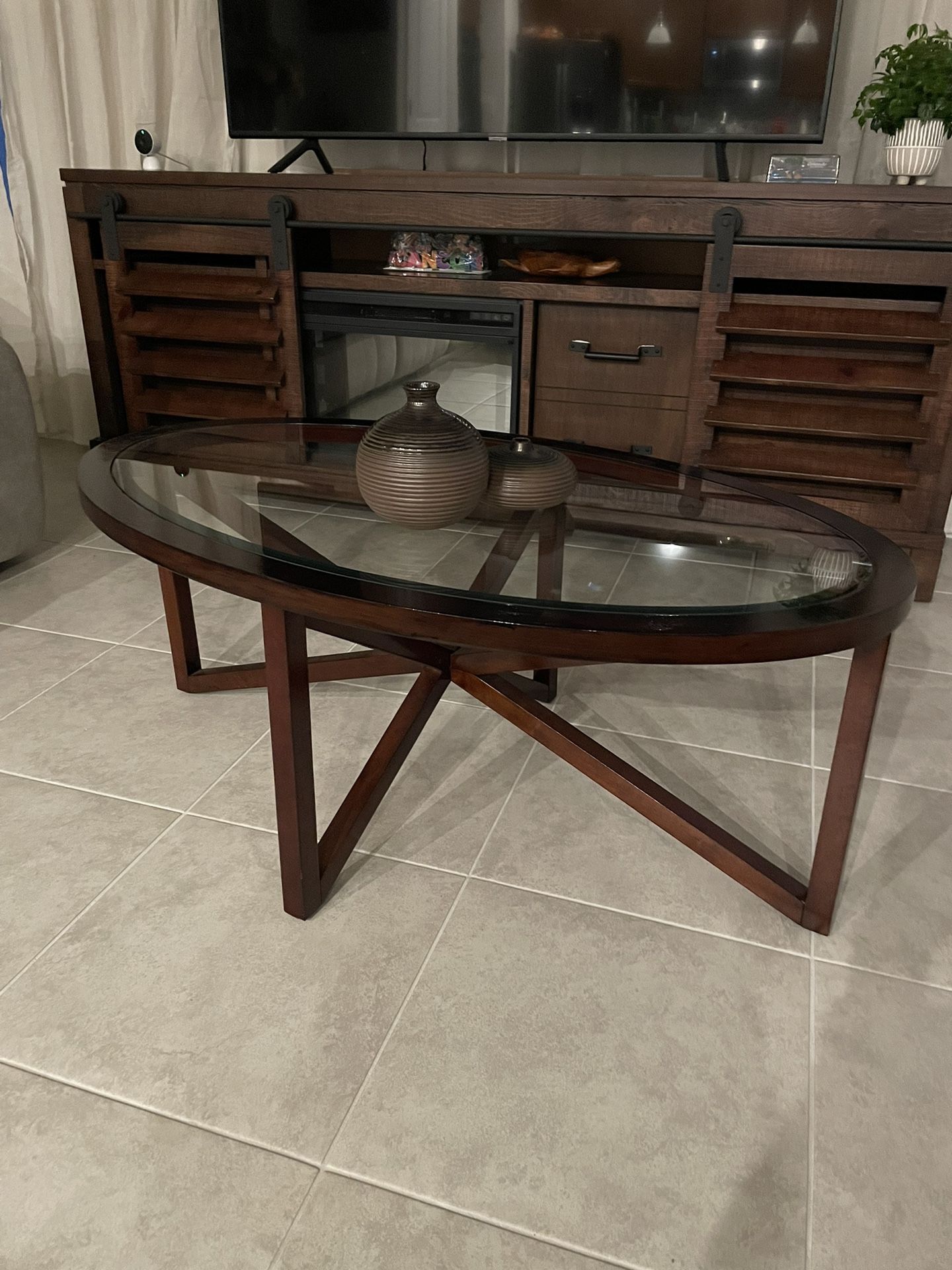 Console With Fireplace , Cocktail Table , End Table And three Stools. 