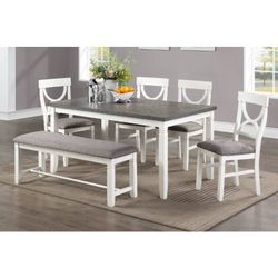 6 Piece Dining Set- Table, 4 Chairs & Bench 
