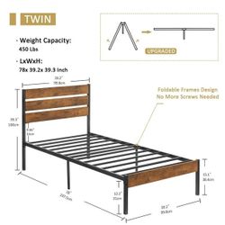 Twin Bed Frame with Wooden Headboard, Rustic Industrial Platform Bed and Strong Metal Slats, No Box Spring Needed, Brown