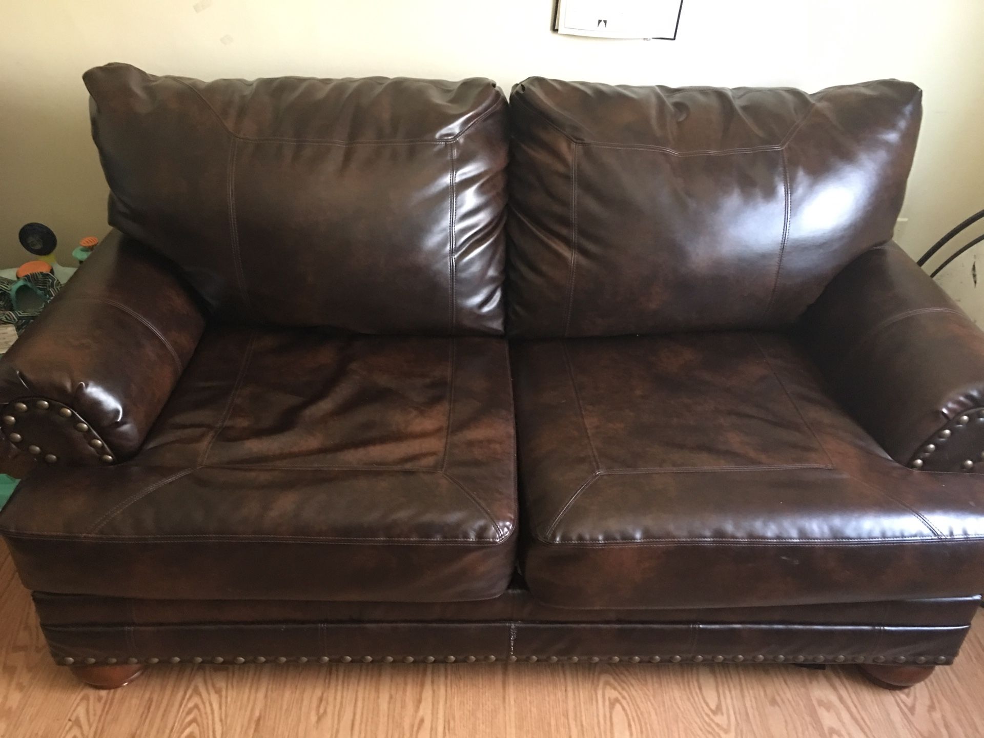 Ashley Furniture Brown Leather Loveseat & Chair w/ Ottoman