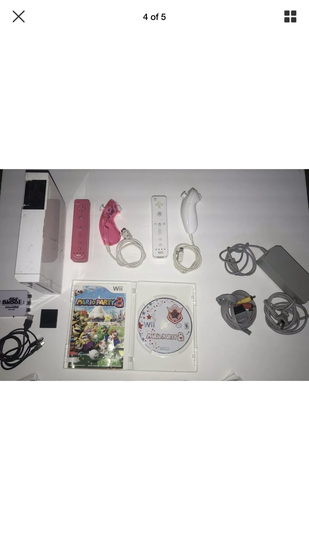 Nintendo Wii Bundle W Mario Party 8 + 2 Controllers & Memory Card + HDMI Converter