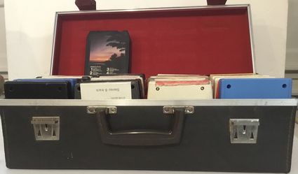 8 Trac Tapes Lot Of 25 With Brown Carrying Case, Lined In Red Velvet. Vintage 