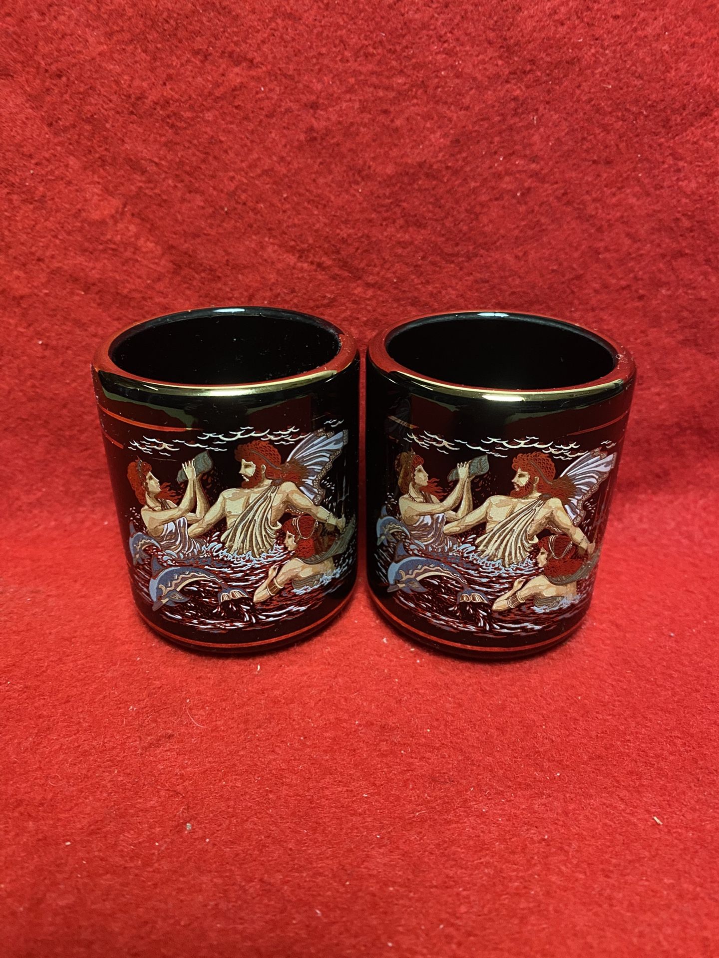 Set of 2 2.75 Inch 24k Black & Gold Handmade In Greece Imported From Greece Greek Shot Glasses