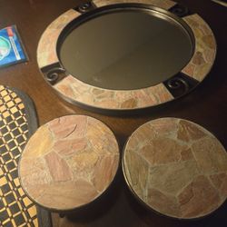 Pier One 13" Inlay Stone Bronzed Round Accent Mirror with 4" Inlay Stone Bronzed Hot Plate Holder