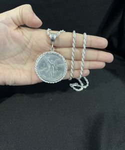 925 Sterling Silver Bezel Mexico 1 Oz Libertad Moneda CENTENARIO & Rope Chain