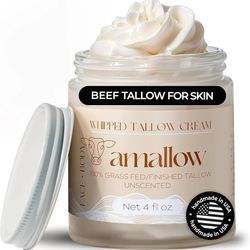 Amallow Whiped Tallow Cream 100% Grass Fed Beef Tallow for Skin Care - Face + Body - Natural Lotion, 4 FL. oz