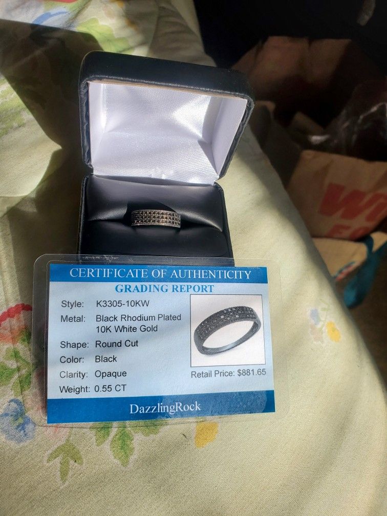 Rhodium & 10k White Gold And Black Dimond Ring