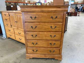 Vintage Maple Finish Tallboy 5 Drawer Dresser with Brass Swing Pulls
