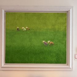 Minimalistic Green Japanese Oil Painting Rice Fields And Workers 