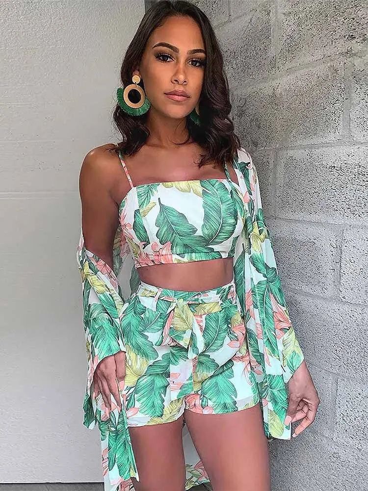 Women 3 Piece Outfits Set Floral Kimono Cardigans Cover Up Off Shoulder Crop Cami Top Short Suits Green XL