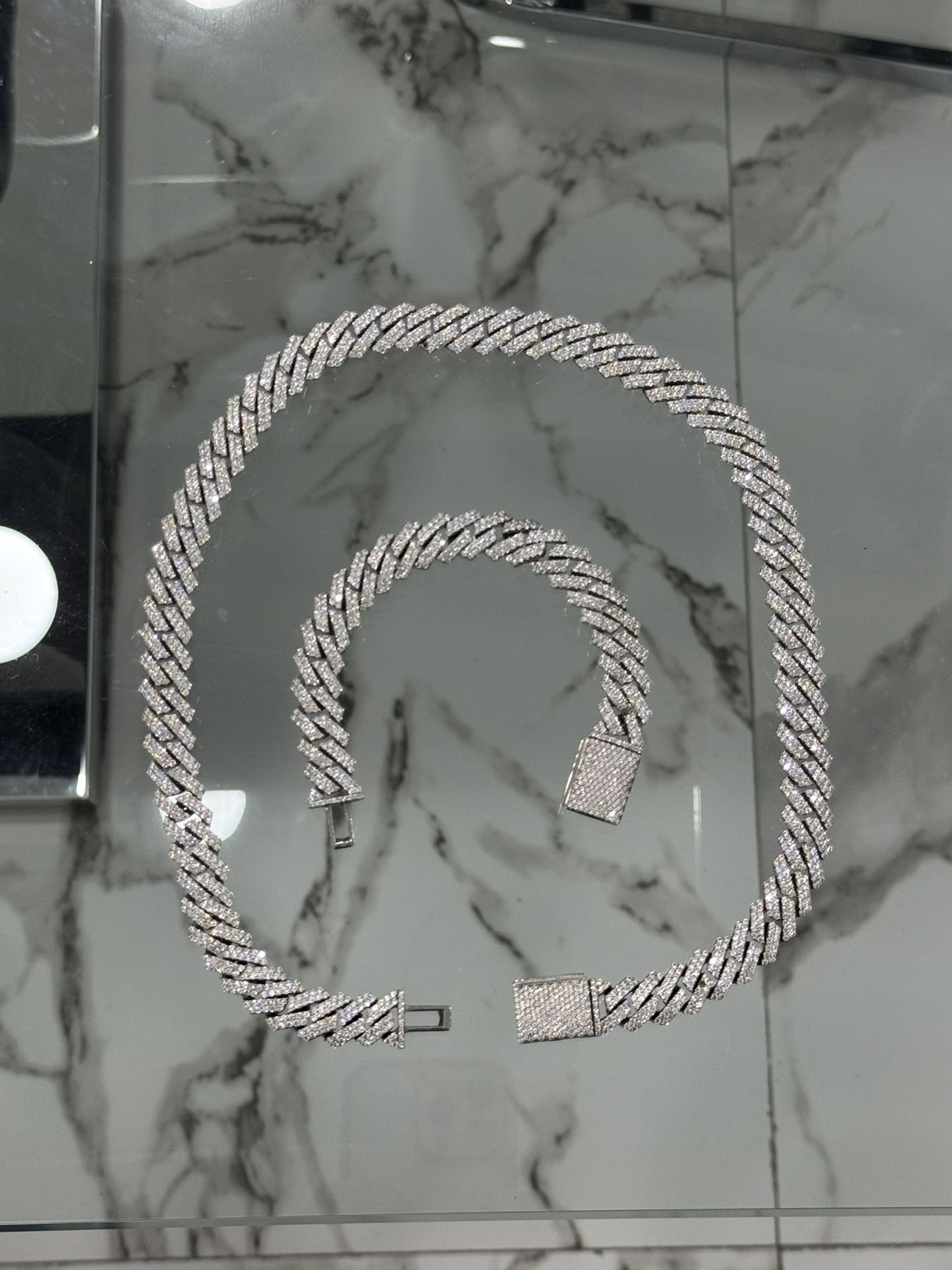 10K Gold Plated 925S & VVS Moissanite 12MM Chain Prong Cuban Link Chain + 925S & VVS Moissanite 12MM Prong Cuban Bracelet