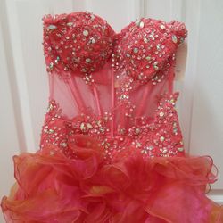 Coral Strapless Sequined High Low Dress Ruffled Size 4