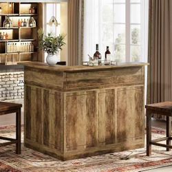 YS0301 Bar Cabinet, L-Shaped Home Bar Table with Stemware Racks, 4-Tier Corner Bar Unit Liquor Wine Bar Table Reception Desk for Home Pub, Brown