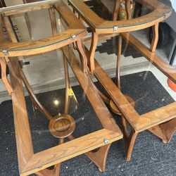 Mid-Century Atomic 2-Tier possibly teak, wood End Side Accent Tables and coffee Table set MCM Brown with glass tops  vintage mid century step-up wood 