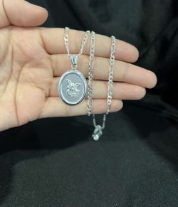 925 Sterling Silver Men San Miguel St Michael Archangel & Figaro Chain