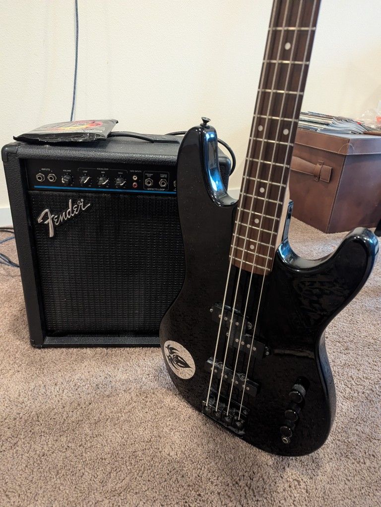 Epiphone Bass and Fender 25 Watt Amp