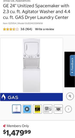 GE 24" Unitized Spacemaker with 2.3 cu. ft. Agitator Washer and 4.4 cu. ft. GAS Dryer Laundry Center