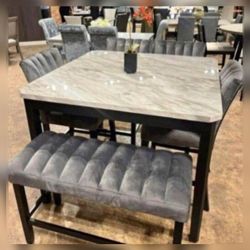 Elegant! 5-pc Counter Height Dining Set With Grey Velvet Upholstered Chairs ( Bench Is Not Included)