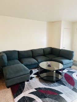Dark Gray/Teal Fabric Sectional Sofa with Chaise