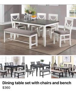 Dining table set with chairs and bench