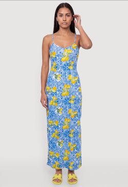 Pretty  V- Neck Blue Lemon Print Side Slits Maxi Dress