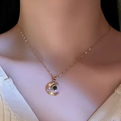 Fashion Moon Shell Star Leaf Crown  Crystal Pendant Titanium Chunky Necklace. 