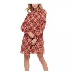 Brand New Woman’s Tommy Hilfiger brand Red Plaid Ruffled Shirt Dress Up For Sale 