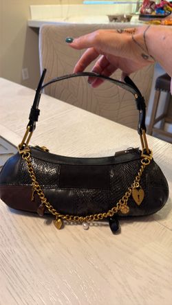 Black Leather Shoulder Bag with Gold Charm Chain