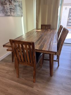 Rustic Solid Wood Farmhouse Dining Set (Table, Bench, 4 Chairs)