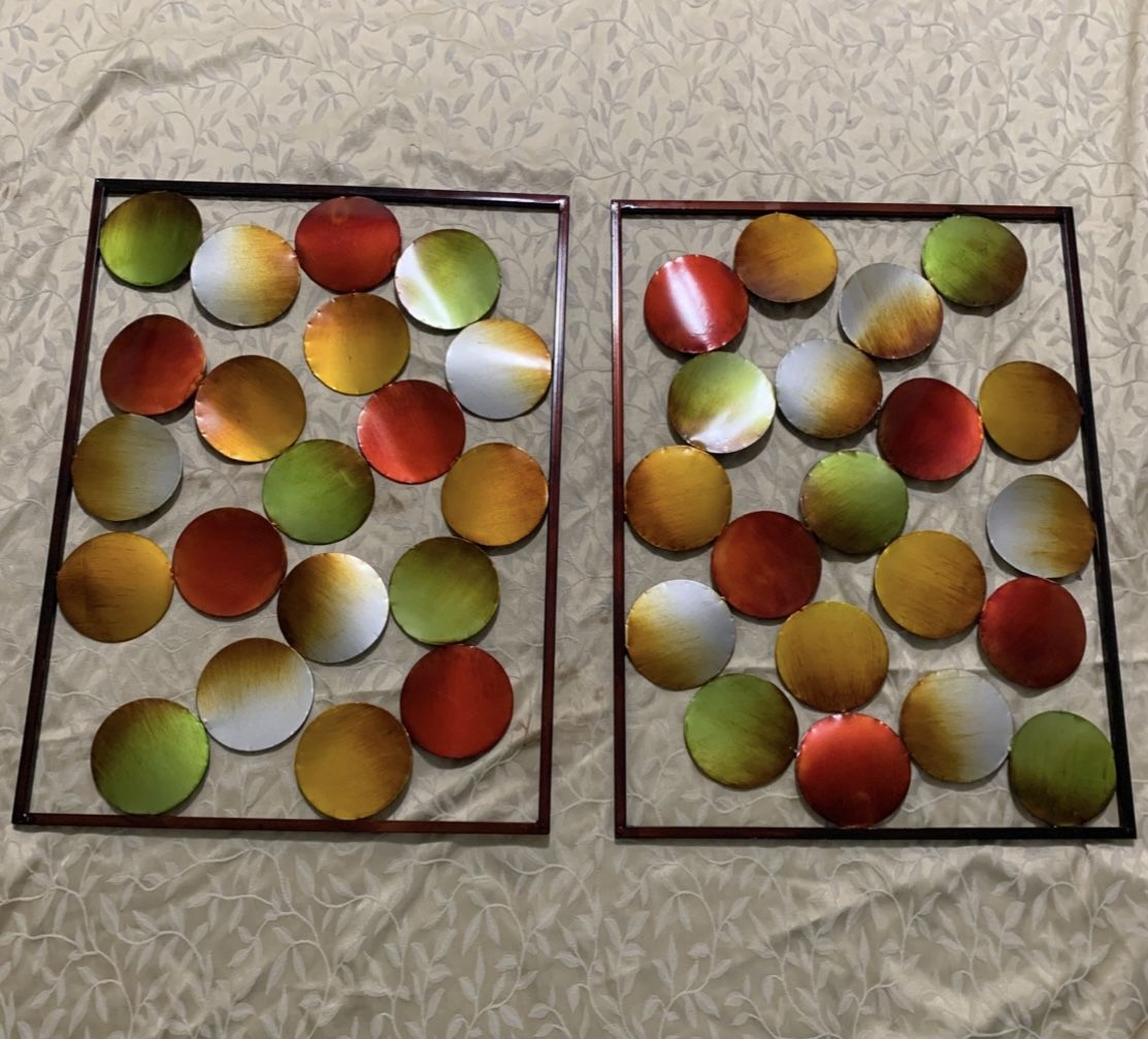 Mid Century Modern Colorful Metal Wall Art Set of 2 – Retro Circles 24x18 